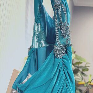 Mignon, S10 criss cross back, long beaded formal dress